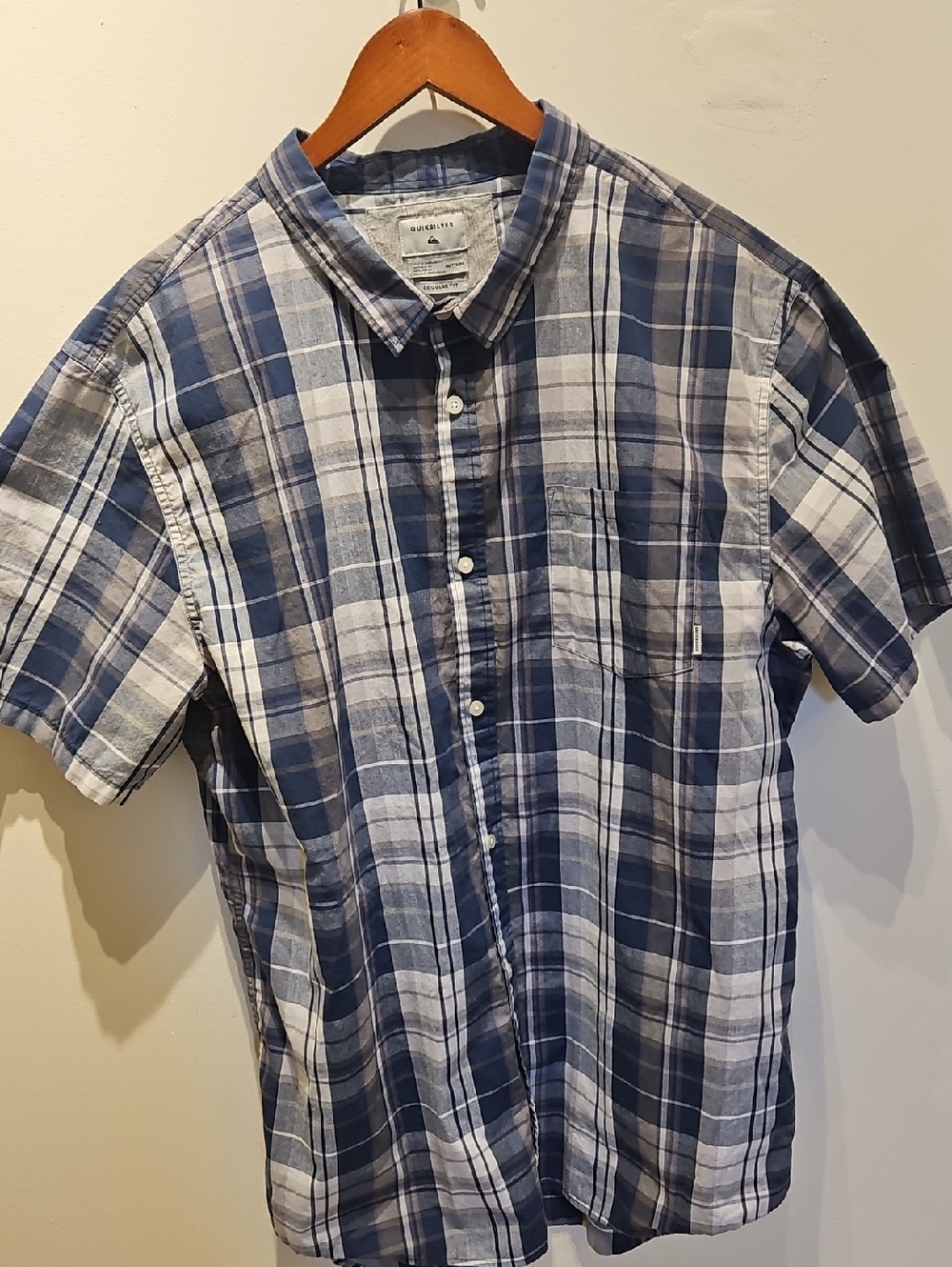 Quiksilver Blue and White Plaid Short Sleeve Button-Down Shirt
